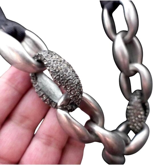 Vintage LOFT Brushed Silver-Tone Link Necklace W/ Crystal Accents & Ribbon Tie - Picture 2 of 4